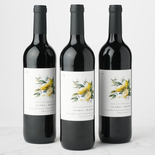 Boho Rustic Watercolor Yellow Lemon Garden Wedding Wine Label (Bottles)