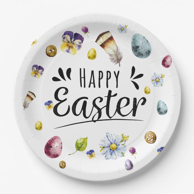 Boho Rustic Watercolour Colourful Happy Easter Paper Plates (Front)