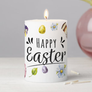 Boho Rustic Watercolour Colourful Happy Easter Pillar Candle