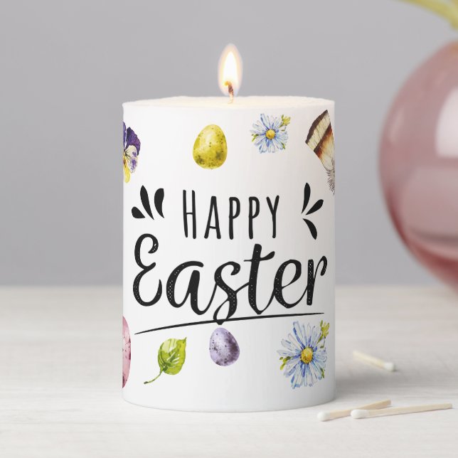 Boho Rustic Watercolour Colourful Happy Easter Pillar Candle (In Situ)