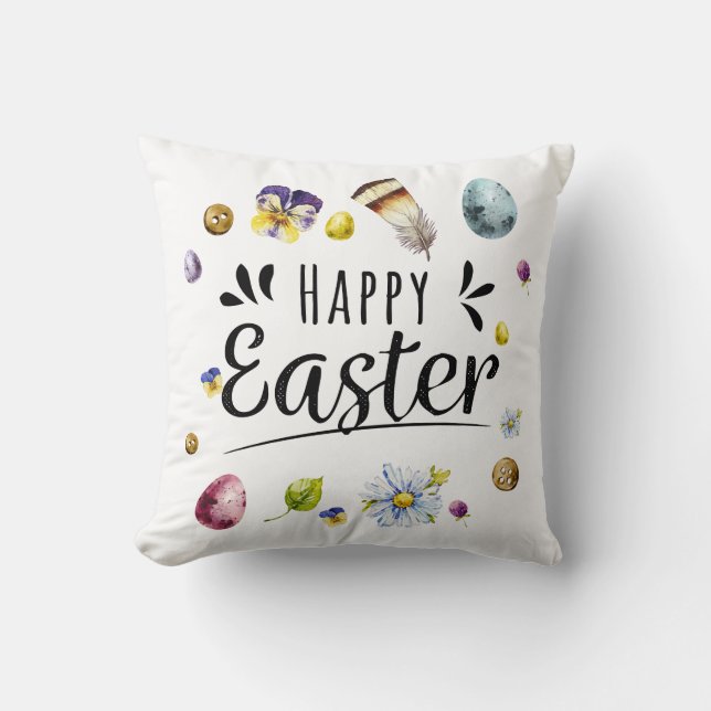 Boho Rustic Watercolour Colourful Happy Easter Throw Pillow (Front)