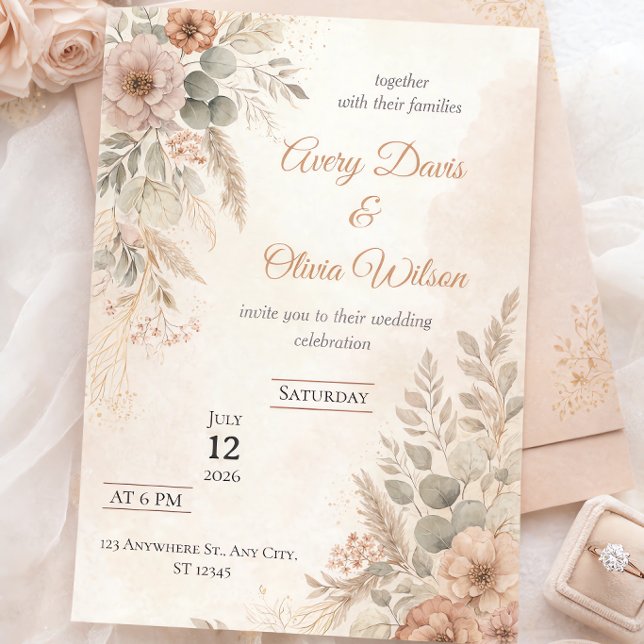 Boho Rustic Wedding Invitation | Dried Florals & E (Creator Uploaded)