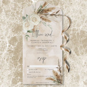 Boho Rustic White Roses & Pampas Wedding No Dinner All In One Invitation