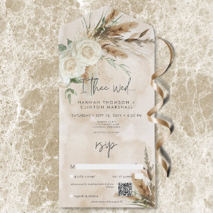 Boho Rustic White Roses & Pampas Wedding QR Code All In One Invitation