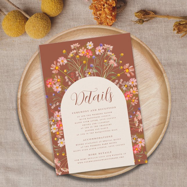 Boho Rustic Wildflower Arch Wedding Details Enclosure Card (Burnt Orange terracotta boho fall wildflower arch wedding details enclosure card Watercolor florals )