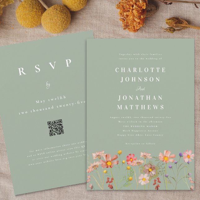 Boho Rustic Wildflower Sage Green Wedding Invitation (Boho fall Wildflower floral sage green Wedding qr code invitation Watercolor flowers outdoor meadow)