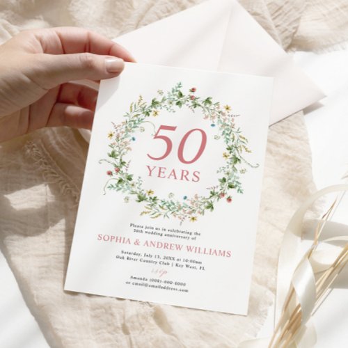 Boho Rustic Wildflowers 50th Wedding Anniversary Invitation