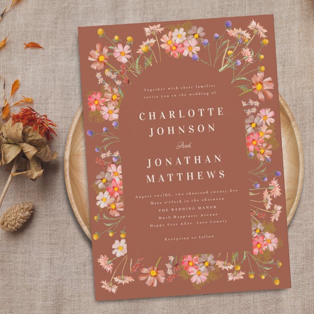 Boho Rustic Wildflowers Burnt Orange Wedding Invitation (Boho wildflower rustic burnt orange fall wedding invitation Watercolor florals elegant modern design)