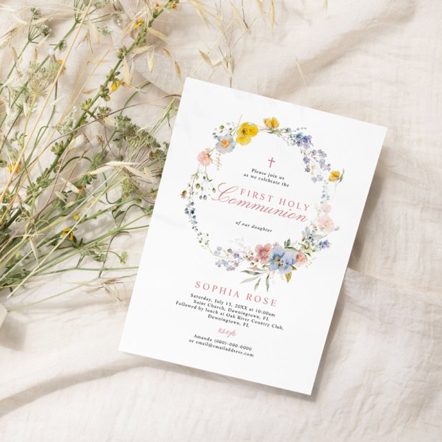 Boho Rustic Wildflowers First Holy Communion Invitation (Creator Uploaded)