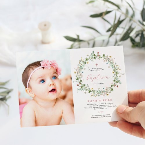 Boho Rustic Wildflowers Photo Baptism Invitation