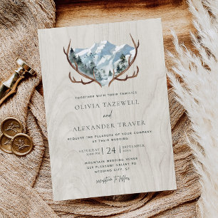Boho Rustic Wood Antlers Mountain Wedding Invitation