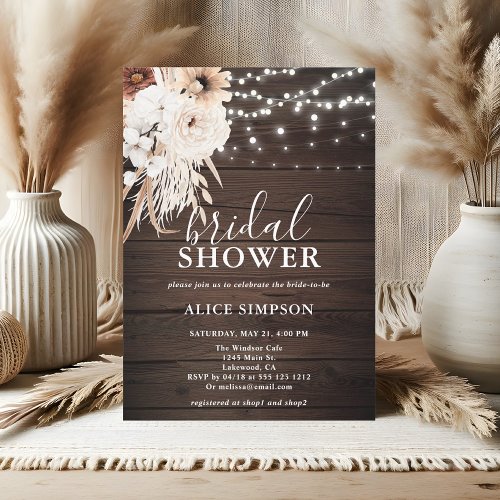 Boho Rustic Wood Beige Floral Bridal Shower Invitation