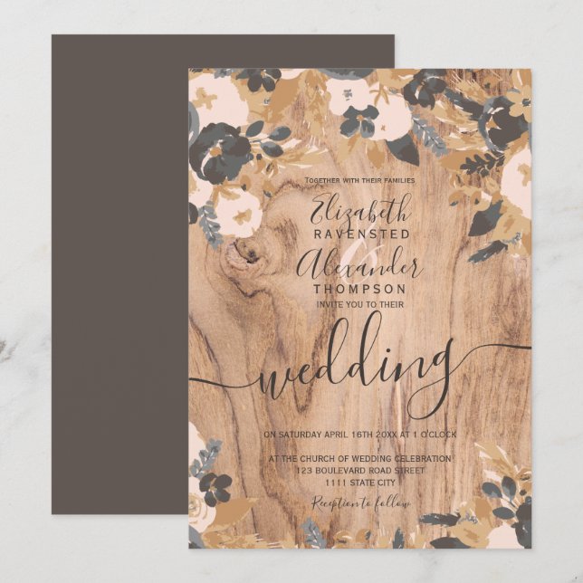 Boho rustic wood brown cotton pampas wedding invitation (Front/Back)