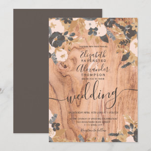 Boho rustic wood brown cotton pampas wedding invitation