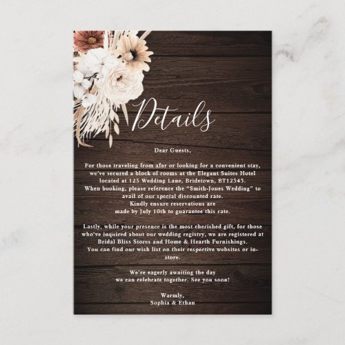 Boho Rustic Wood Fall Flowers Wedding Details Enclosure Card