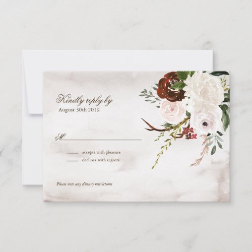 Boho Rustic Wood  Floral Burgundy Rose Wedding RSVP Card