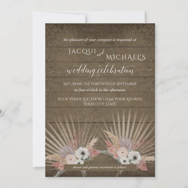 BOHO Rustic Wood Pampas Grass Tropical Palm Floral Invitation (Front)