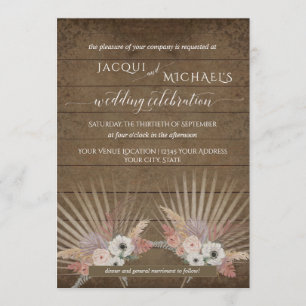 BOHO Rustic Wood Pampas Grass Tropical Palm Floral Invitation