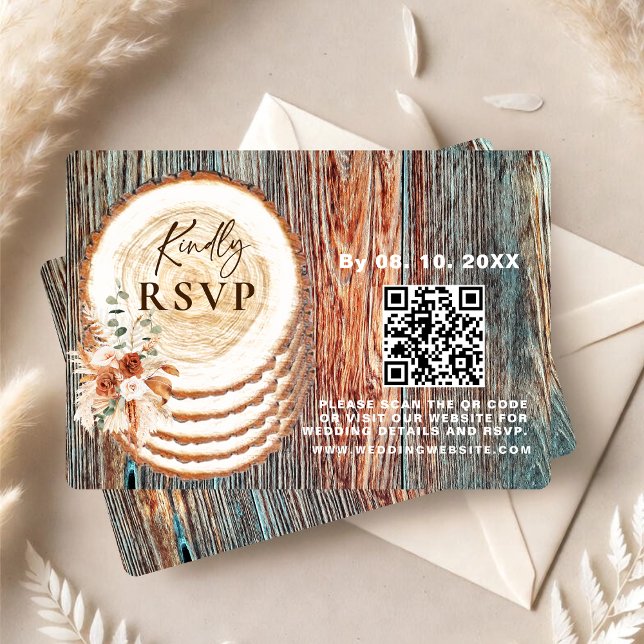 Boho Rustic Wood Slice RSVP Card with QR Code (Creator Uploaded)