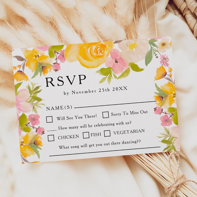 Boho rustic yellow wild flowers chic Wedding RSVP  Card (Boho rustic yellow wild flowers chic Wedding RSVP)