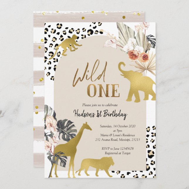 Boho Safari Animal Wild One Birthday Invitation (Front/Back)