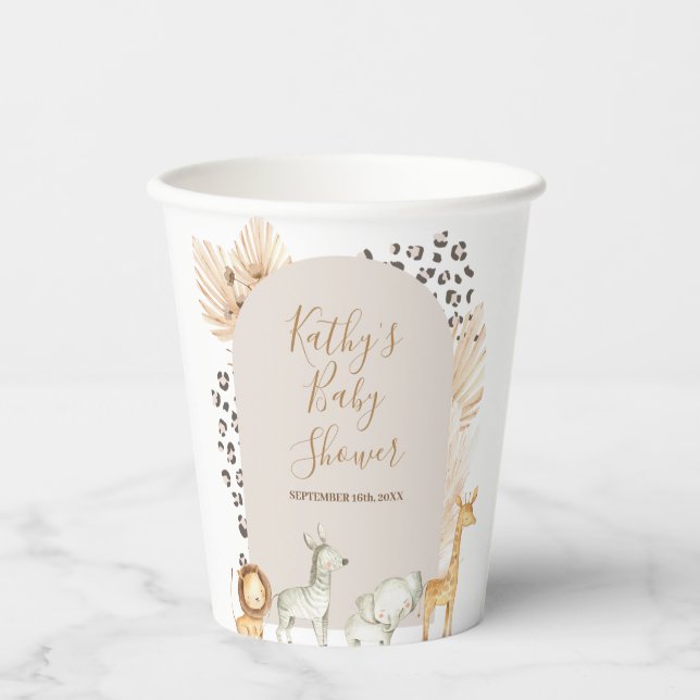 Boho Safari Animals Pampas Grass White Paper Cups (Front)