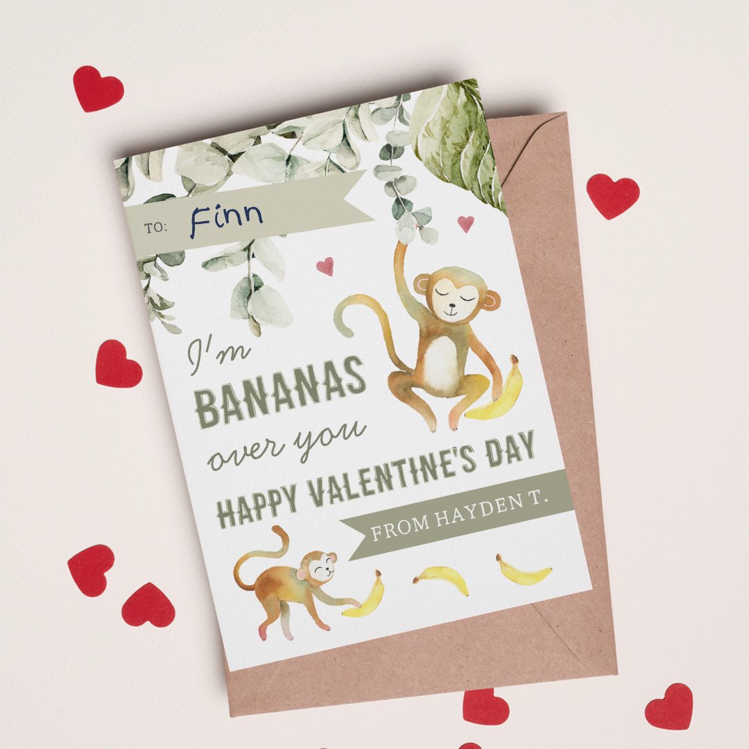 Boho Safari Monkey Classroom Valentines Day Card (Creator Uploaded)