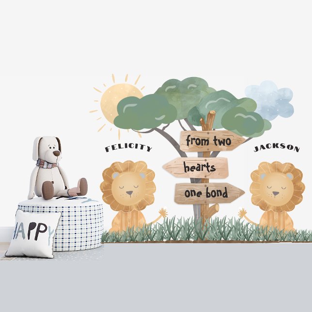 Boho Safari Twin Baby Lions Customizable Name Wall Decal (Creator Uploaded)
