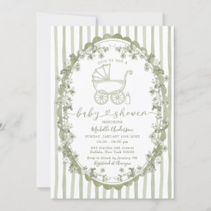 Boho Sage Baby Carriage Stripes Bow Baby Shower Invitation