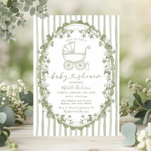 Boho Sage Baby Carriage Stripes Bow Baby Shower Invitation