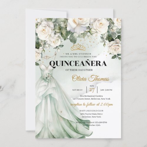 Boho Sage Dress  White Roses Greenery and Gold Invitation