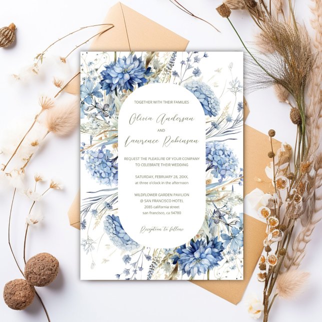 Boho Sage Dusty Blue Wildflowers QR Winter Wedding Invitation (Boho Sage Dusty Blue Wildflowers QR Winter Wedding Invitation)
