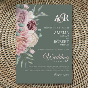 Boho Sage Dusty Rose Watercolor Floral Wedding Invitation