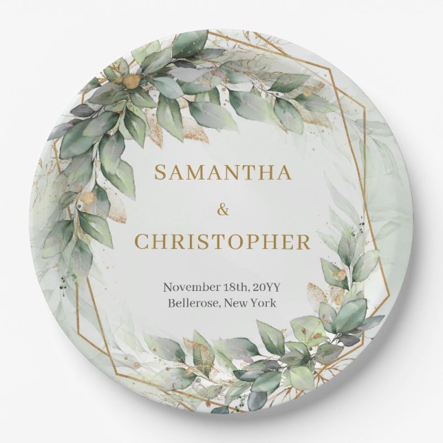 Boho sage eucalyptus leaves gold glitter wedding paper plates (Front)