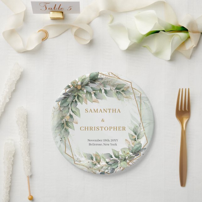 Boho sage eucalyptus leaves gold glitter wedding paper plates (Wedding)