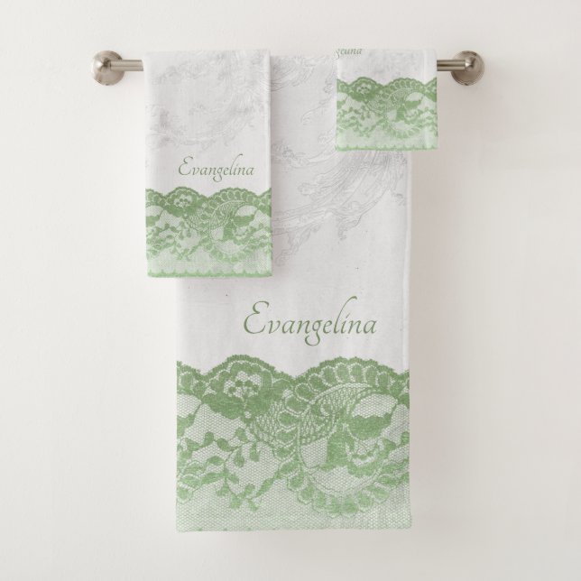 Boho Sage Faux Lace Personalized Bath Towel Set (Insitu)