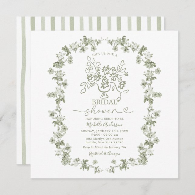 Boho Sage Floral Bouquet Bow Bridal Shower Invitation (Front/Back)