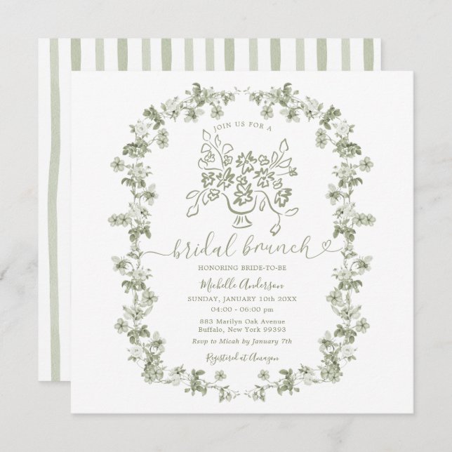 Boho Sage Floral Stripes Bow Bridal Brunch Invitation (Front/Back)