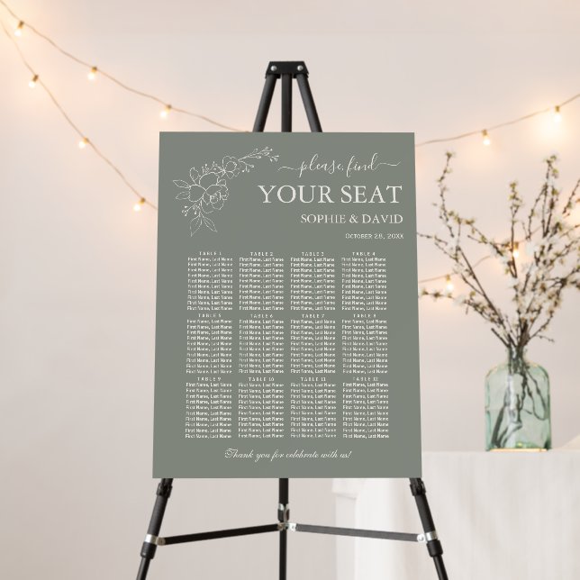 Boho Sage Green 12 Table Seating Chart Wedding Foam Board (In Situ (Stand))
