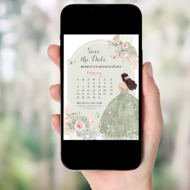 Boho Sage Green 15 Años Save The Date Calendar Invitation (Front Digital)