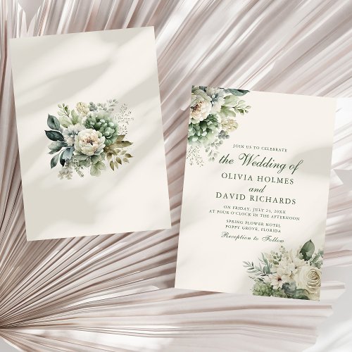 Boho Sage Green and Ivory Floral Wedding Invitation