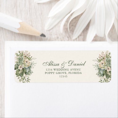 Boho Sage Green and Ivory Flowers Wedding Address Label