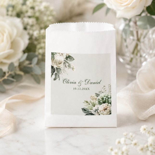 Boho Sage Green and Ivory Flowers Wedding Favor Bag (Boho Sage Green and Ivory Flowers Wedding Favor Bag on a table with flowers and ribbons)