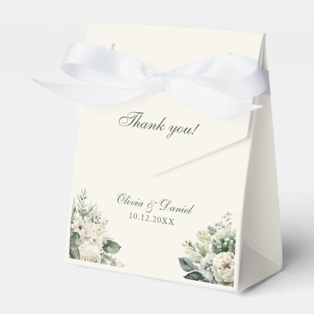 Boho Sage Green and Ivory Flowers Wedding Favor Boxes (Front Side)