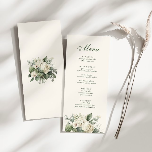 Boho Sage Green and Ivory Flowers Wedding Menu (Boho Sage Green and Ivory Flowers Wedding Menu on a sunny white table.)