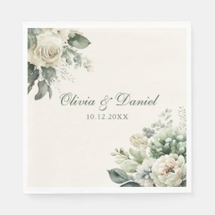 Boho Sage Green and Ivory Flowers Wedding Napkins