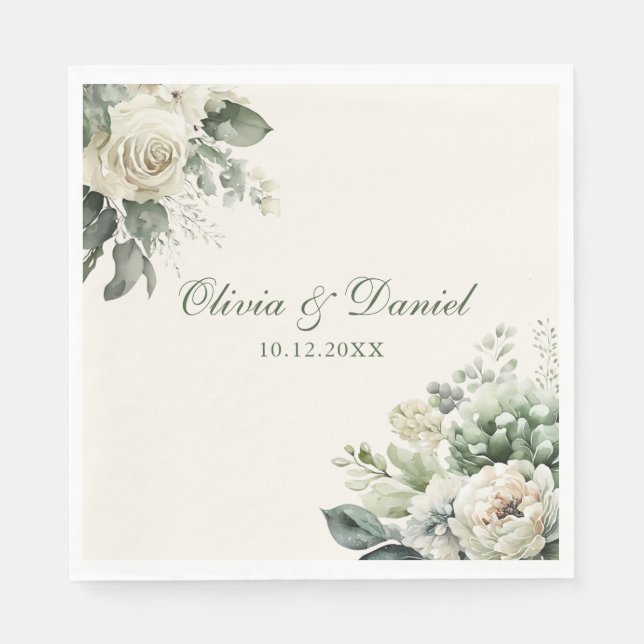 Boho Sage Green and Ivory Flowers Wedding Napkins (Front)