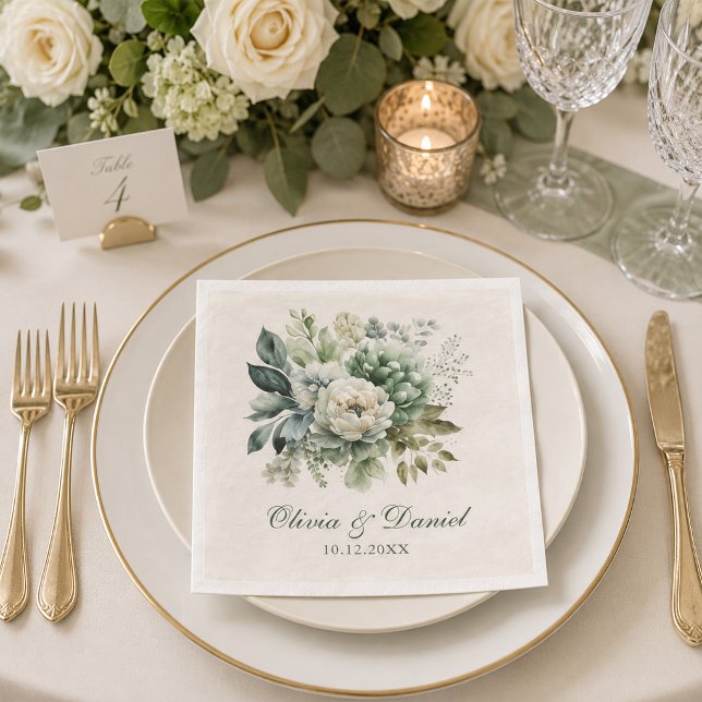 Boho Sage Green and Ivory Flowers Wedding Napkins (Boho Sage Green and Ivory Flowers Wedding Napkin on a wedding dinner table with flowers and candle)