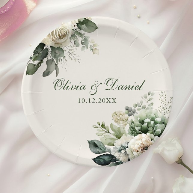 Boho Sage Green and Ivory Flowers Wedding Paper Plates (Boho Sage Green and Ivory Flowers Wedding Paper Plates on a table with a white rose.)