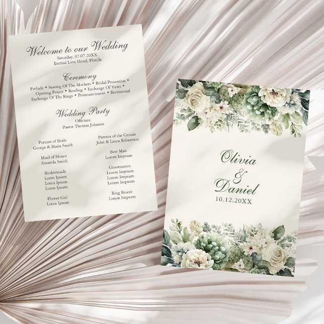 Boho Sage Green and Ivory Flowers Wedding Program (Boho Sage Green and Ivory Flowers Wedding Program on a sunny neutral dry palm leaf.)